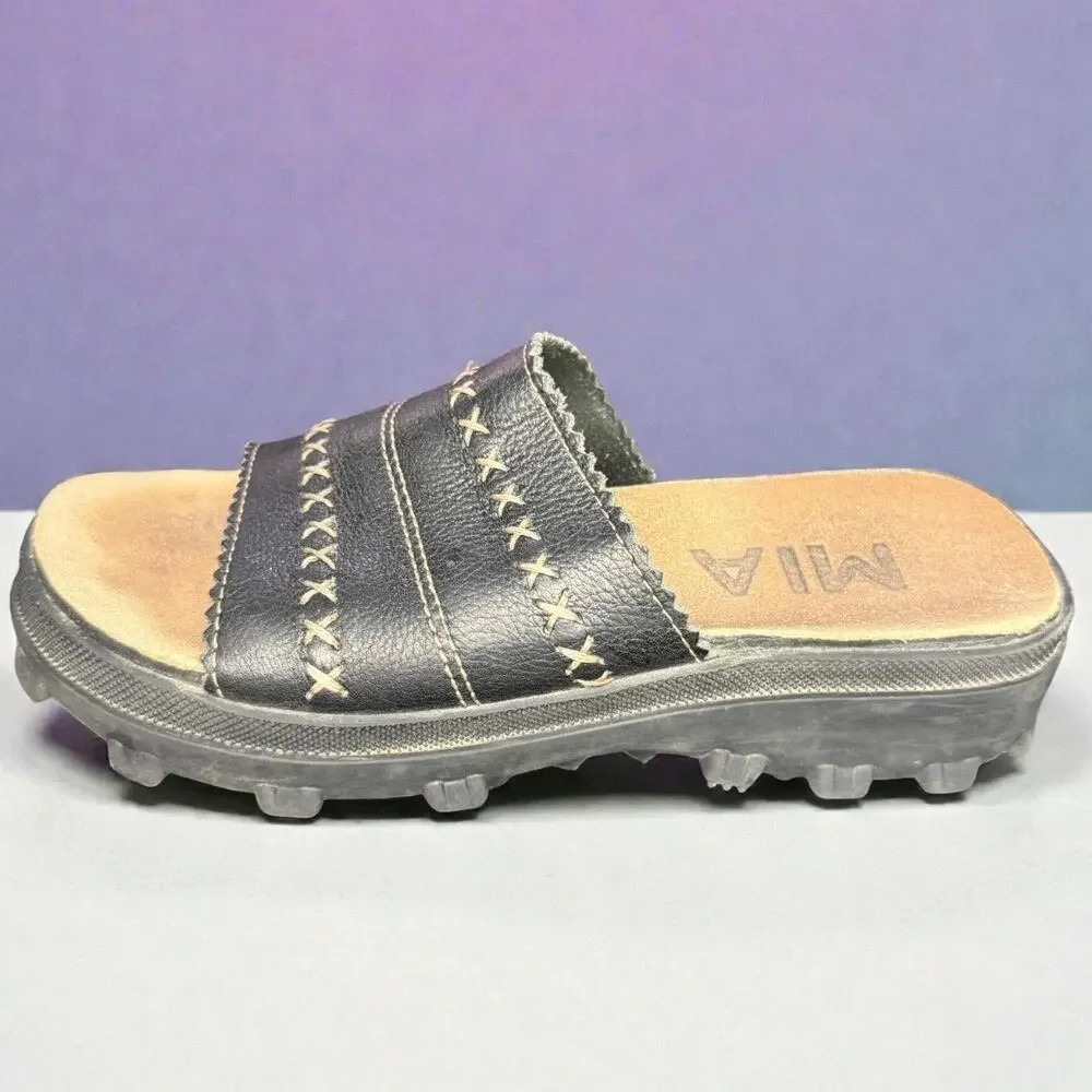 MIA Y2K Chunky Platform Sandals Black Leather Womens 7 Lug Sole Retro Slides
